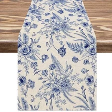 JarThenaAMCS Floral Table Runner Blue White Floral Kitchen Dining Table 
