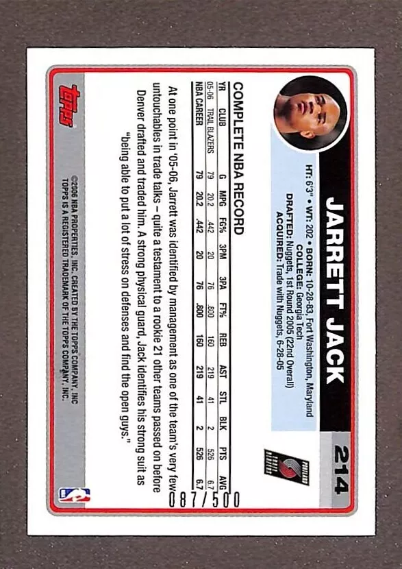 2006-07 Topps Gold #214 Jarrett Jack /500 - Image 2 of 3