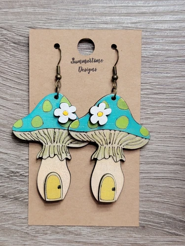 Hand Painted Laser Cut Wood Earrings Mushrooms 3"