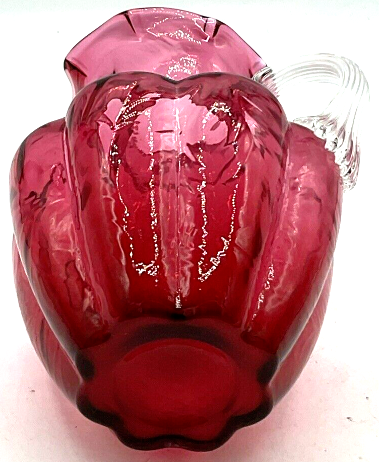 Fenton Cranberry Art Glass Pitcher Small Melon Fern Optic Reed