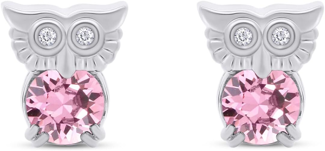 Simulated Birthstone Owl Stud Earrings in 14k White Gold Plated 925 Sterling Silver-image