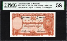 Australia 10 Ten Shillings P25b R13 1942 Armitage McFarlane PMG58 aUNC Banknote