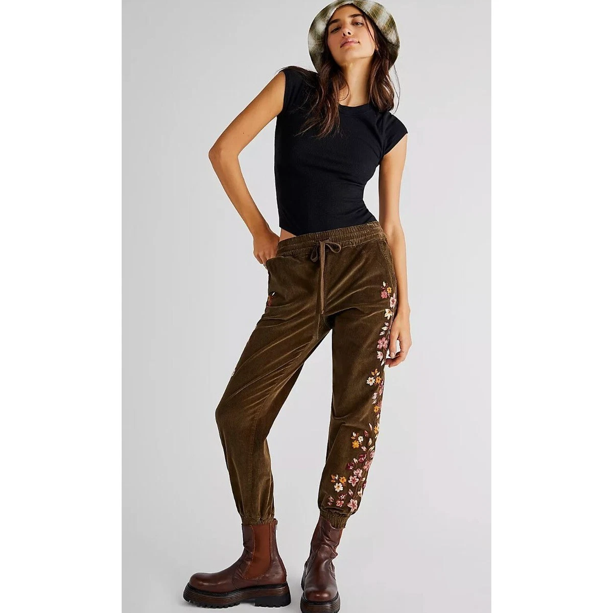 Free People Driftwood Cord Floral Embroidered Joggers Size Small