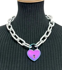 Rainbow  Heart  Lock Heavy Thick Chain Square Link Chain Punk Rave Goth Necklace
