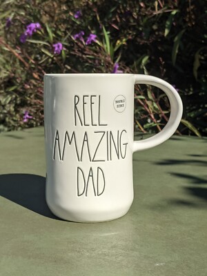 Rae Dunn Two-Sided Mug: Reel Amazing Dad & Tackle Box With Fishing Pole Magenta