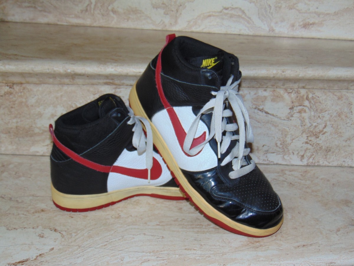red black and white high top nikes