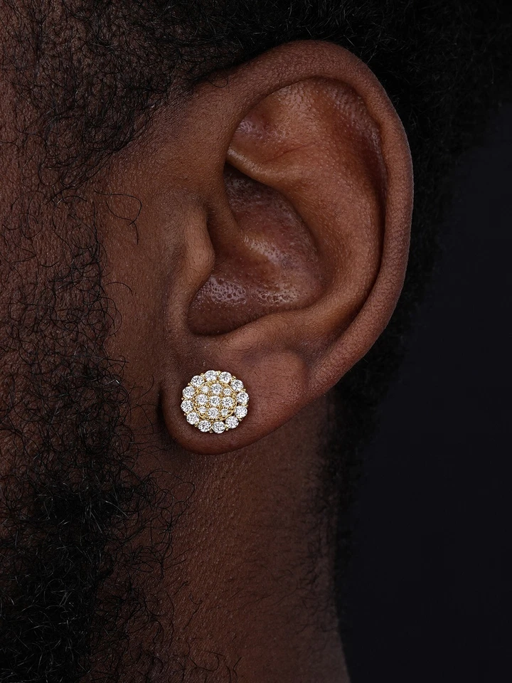 Real 14k Gold Plated 925 Silver Iced CZ Out Mens Ladies Hip Hop Earrings Large - Image 3 of 4