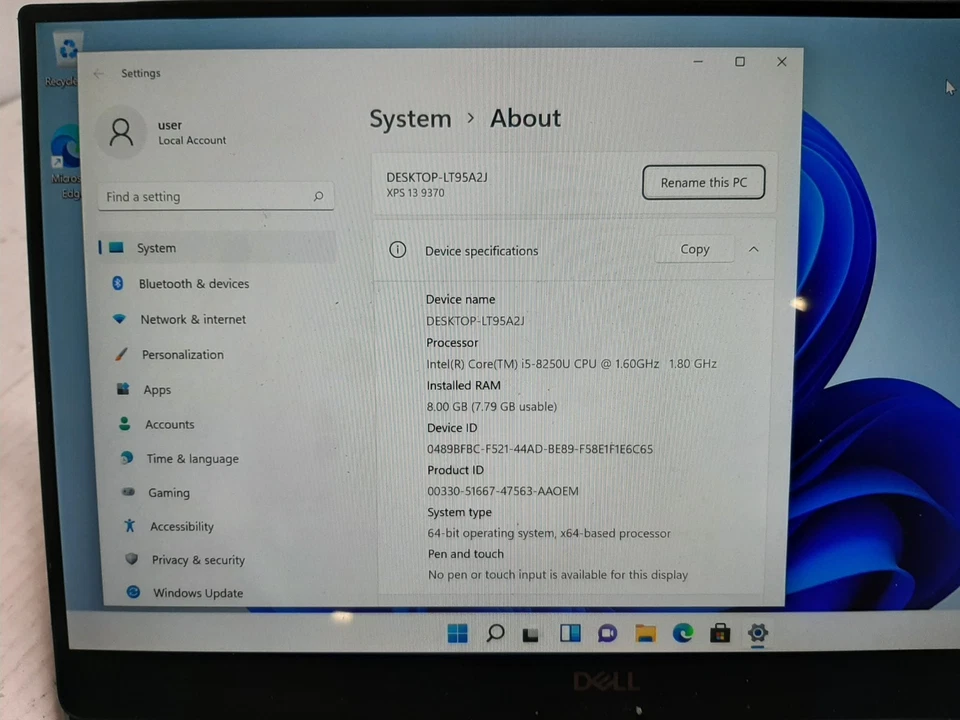 Dell XPS 13 9370 13.3" i5-8250U 1.60GHz 8GB RAM 128GB SSD Win11 #97 Foto 2 de 4