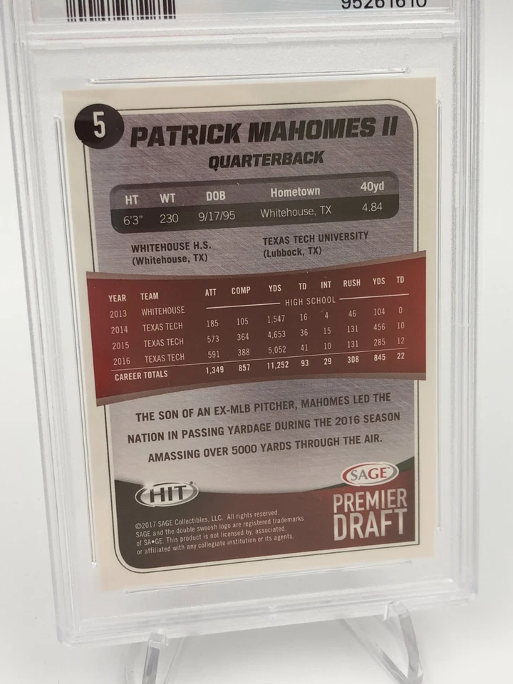 2017 PATRICK MAHOMES ROOKIE Card SAGE HIT #5 PREMIER DRAFT Chiefs RC PSA MINT 9 - Image 3 of 4