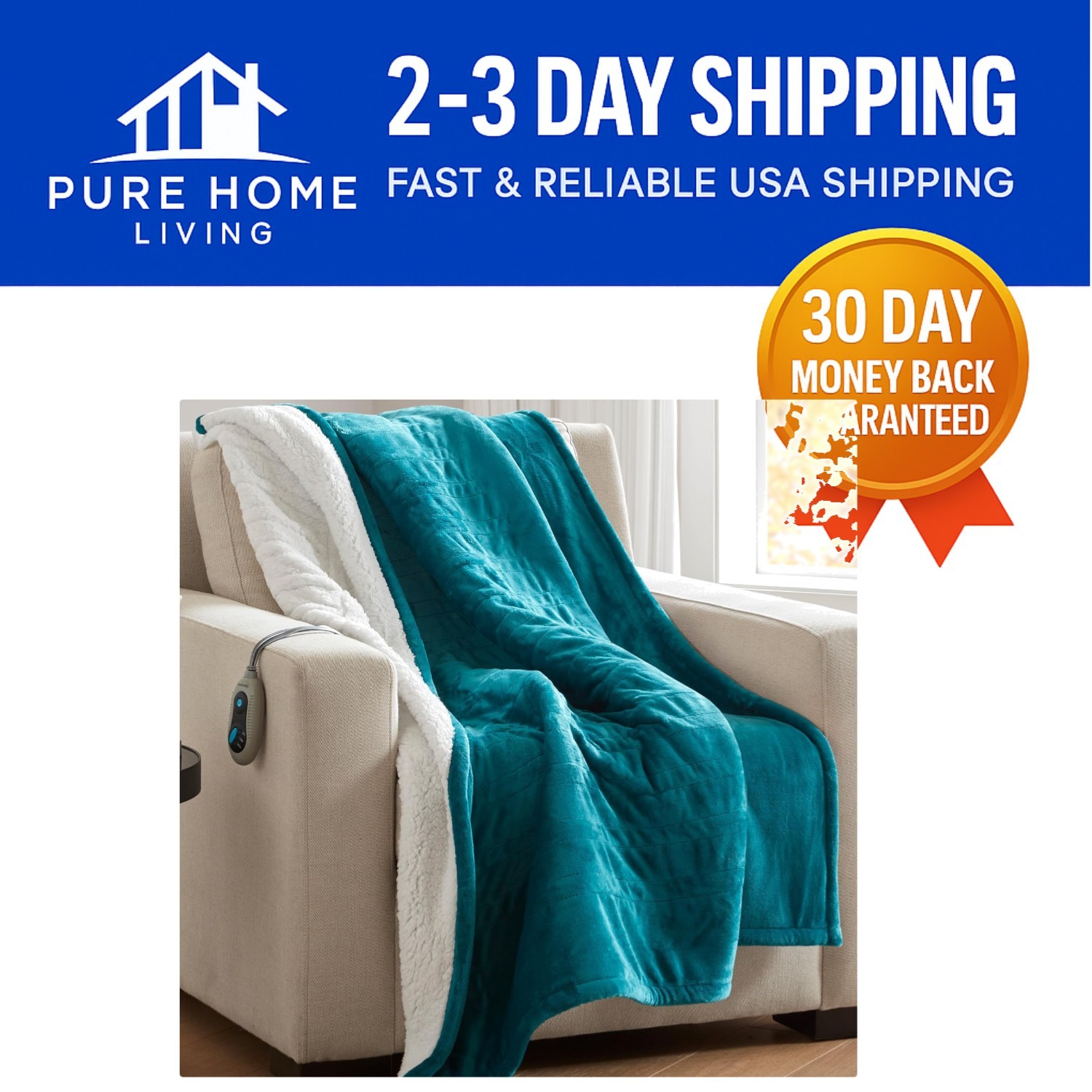 Electric Heated Throw Blanket - Soft Teal Sherpa, 50x60, Saf