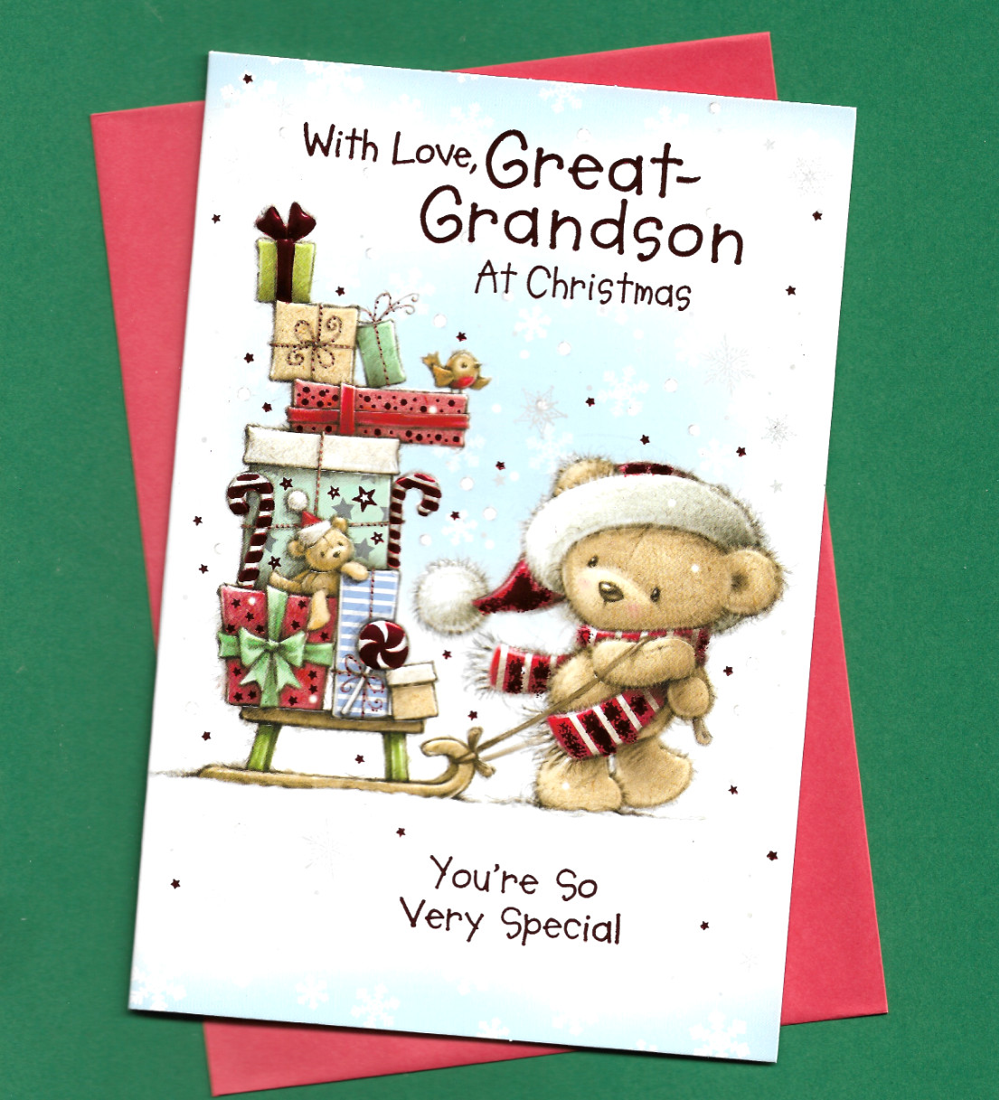 Great Grandson Christmas Card Cute Bear With Sledge With Love Boy 19x13cm