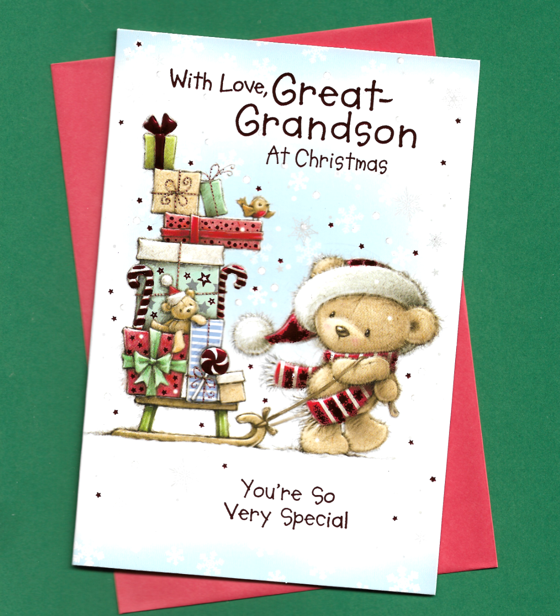 Great Grandson Christmas Card Cute Bear With Sledge With Love Boy 19x13cm