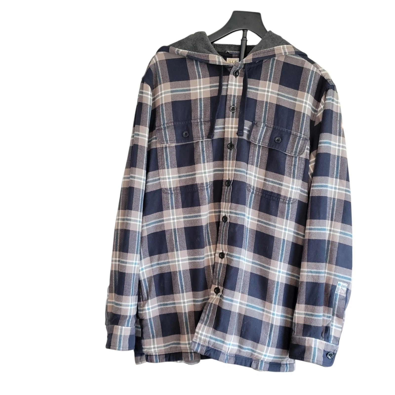 LL Bean Mens Fleece Lined Hooded Flannel Shirt Jacket Blue Plaid Medium 298193