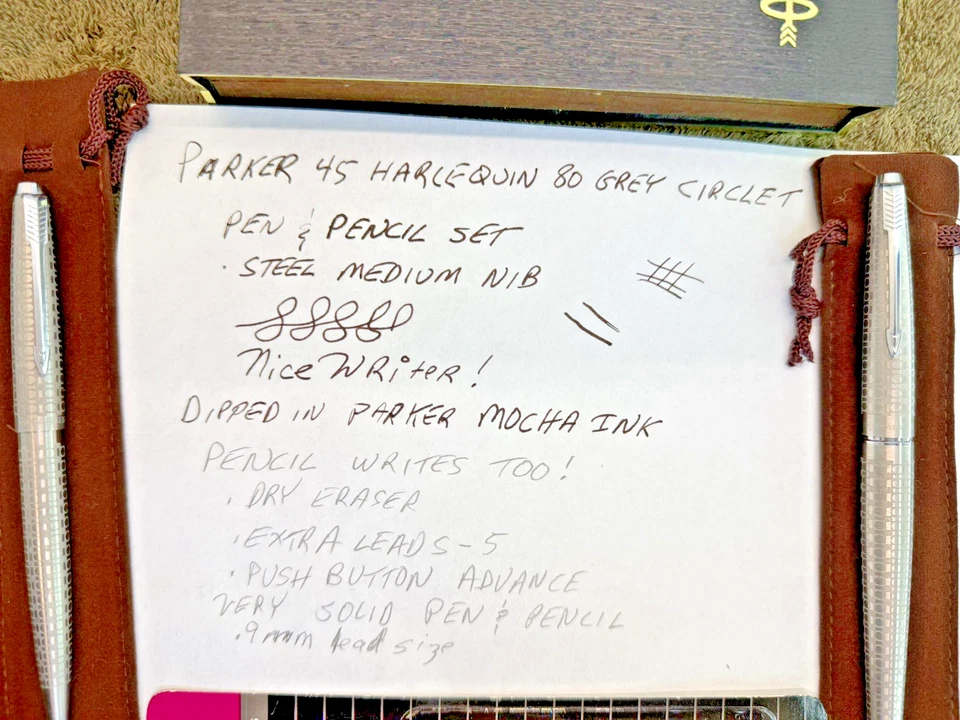 Pluma Estilográfica Parker 45 Harlequin 80 Gris Circlet M Acero Nuevo en Caja y Lápiz .9mm 1980 Foto 2 de 4