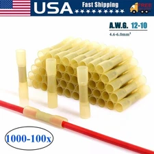 1000Pcs Yellow Heat Shrink Butt Wire Connectors Crimp Terminals AWG 12-10 Gauge