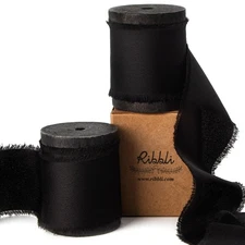 Black Silk Satin Ribbon 1.5 Inch x 12 Yard Handmade Frayed Chiffon Ribbon wit...