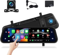 9.66" Wireless CarPlay Android Auto Dash Cam Front Rear Mirror GPS Car Camera