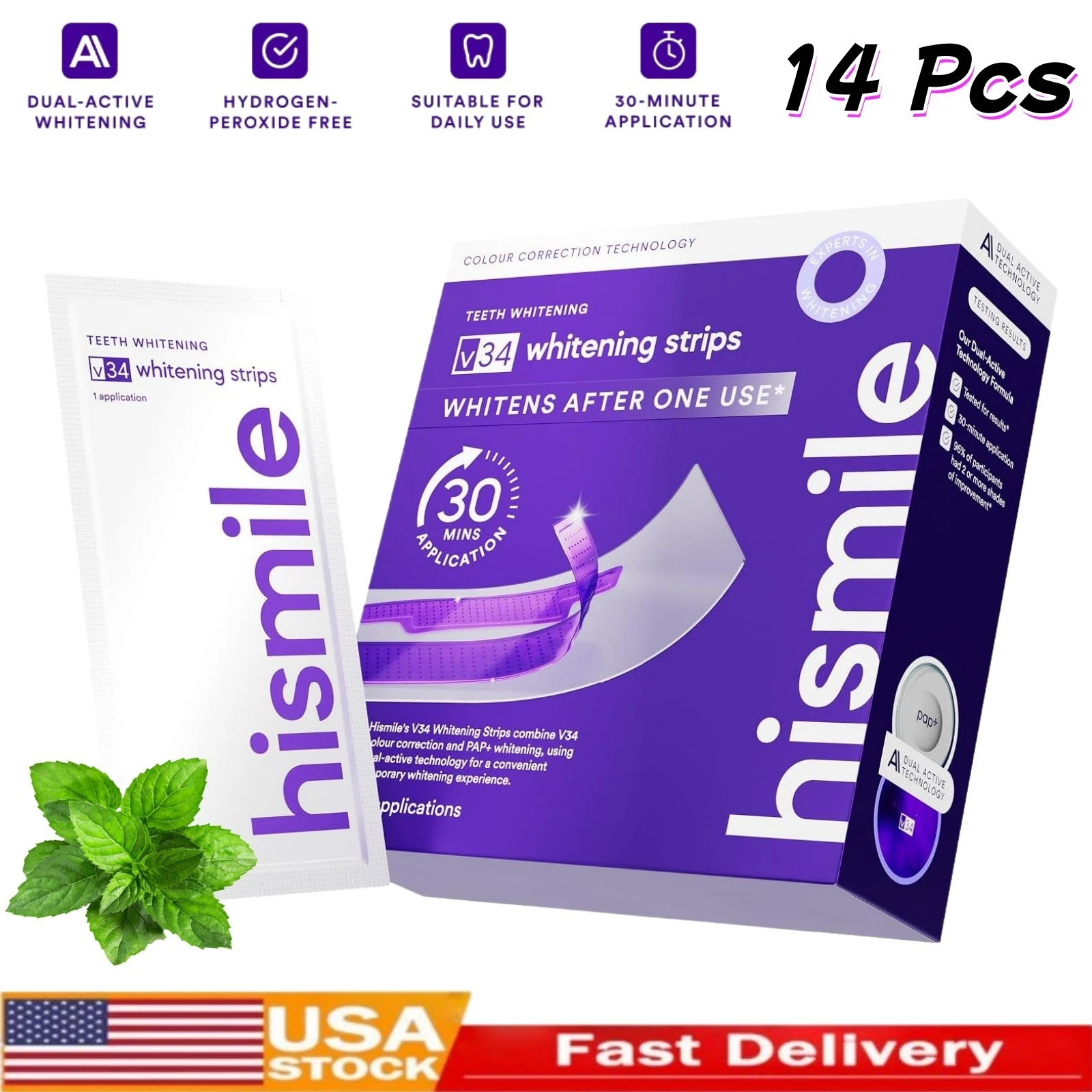 Hismile V34 Purple Teeth Whitening Strips - 14 Treatments, Fast Results! AN