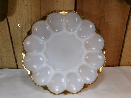 Vintage 1950's Milk Glass Deviled Egg 10" Serving Plate with Scalloped Gold Rim