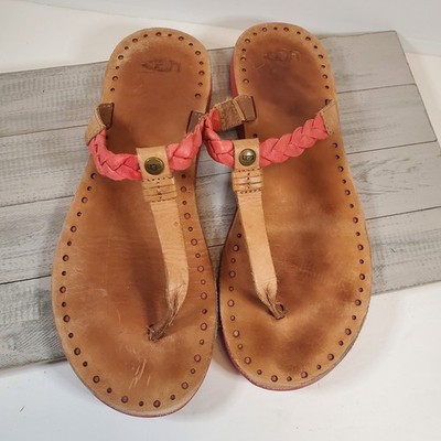 UGG Tan Red Leather Braided Boho Thong Flip Flop Sandals Women's Size 8 Bria