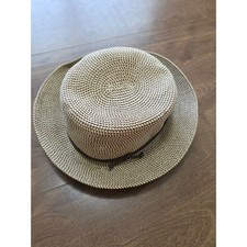 Nine West Tan Woven Straw Sun Hat Braided Band Flat Top Boater Summer Beach Sun