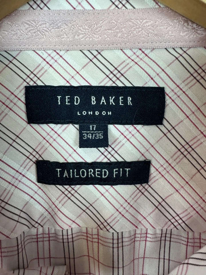 Camisa de vestir Ted Baker para hombre 17 34/35 rosa a cuadros ajuste a medida manga larga algodón Foto 3 de 4