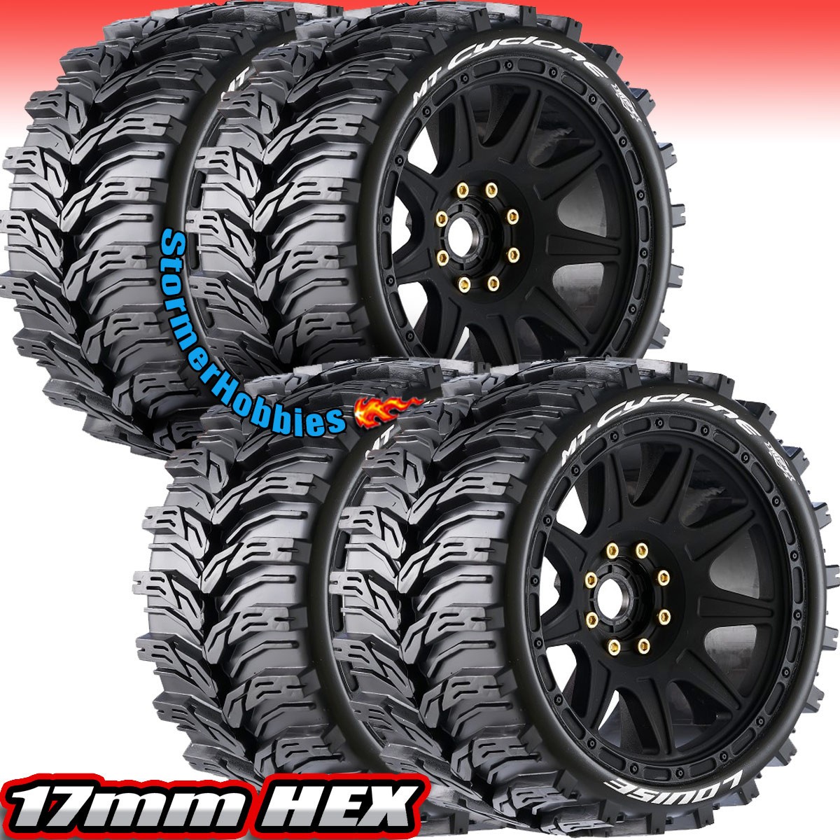 4 Louise RC MT-Cyclone Speed 1/8 Monster Truck Belted Tires EMaxx Savage Outcast