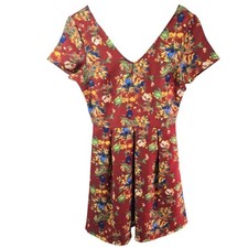 Everly Red Floral V-Neck Cutout Back Short Sleeve Pleated Mini Dress Women Small