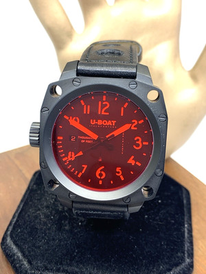 U-Boat Men's Watch 1846 Lefty Swiss Automatic Black Red Face Leather Strap 43mm