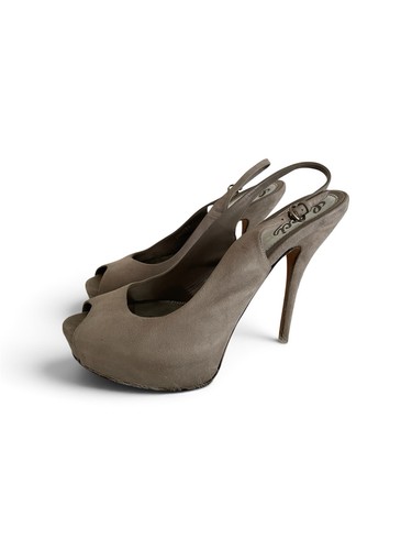 Gucci Sofia Suede Peep Open Toe Slingback Sandals Shoes Heels Gray 38 EU