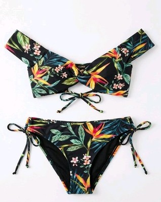 Kona Sol Women s M 2-Piece Tropical Floral Bikini Set Black (260524-01)