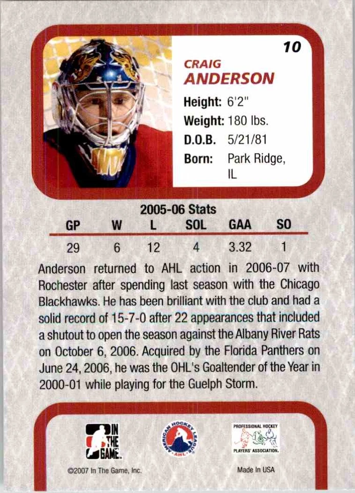 2006-07 In The Game Between The Pipes Craig Anderson #10 - Image 2 of 2