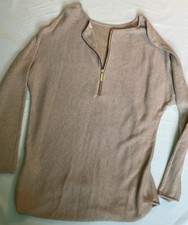 Michael Kors 1/4 Zip Back Tunic Sweater Tight Knit Heavy Beige Classic L Womens