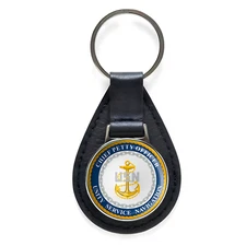 U.S. Navy CPO "USN" Round Black Leather Keychain Silver Keyring Military Gift