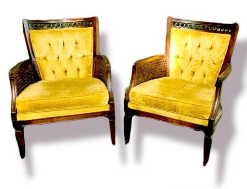 Vintage Mid Century Modern Caned Walnut Arm Chairs Yellow Gold Velvet SET OF 2 - Picture 1 of 12