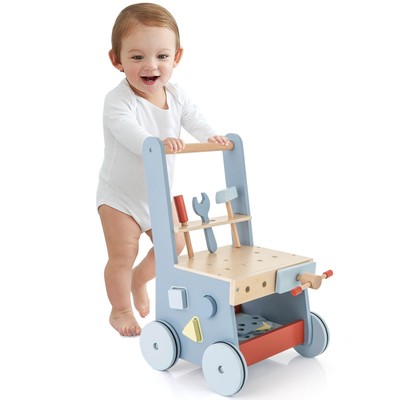 2-in-1 Wooden Baby Push Walker w/ Bottom Storage Toys & Multi-Activity Center