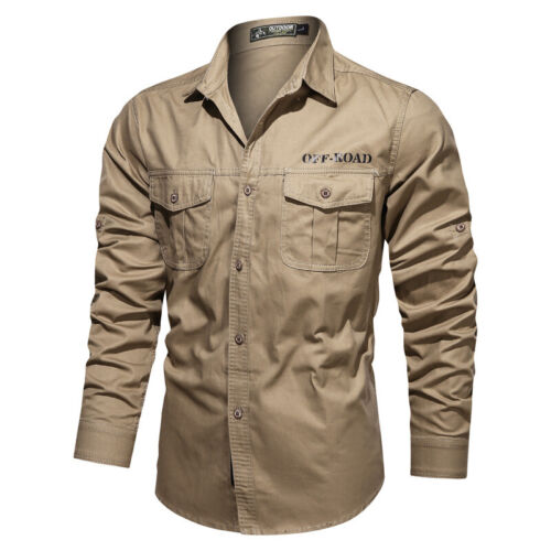 Mens Military Shirts Clothes Long Sleeve Pockets Army Cotton Casual Shirts Tops - Picture 5 of 19