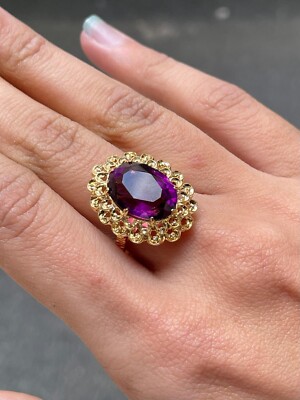 Bague Pompadour Or Jaune 18k Avec Pierre Mauve - Taille 55, Style Vintage