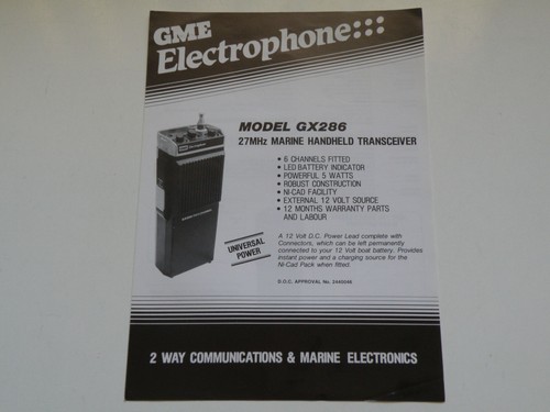SALES&INFO SHEET-GME ELECTROPHONE GX286 HANDHELD 6CH HF MARINE RADIO TRANSCEIVER - Zdjęcie 2 z 9