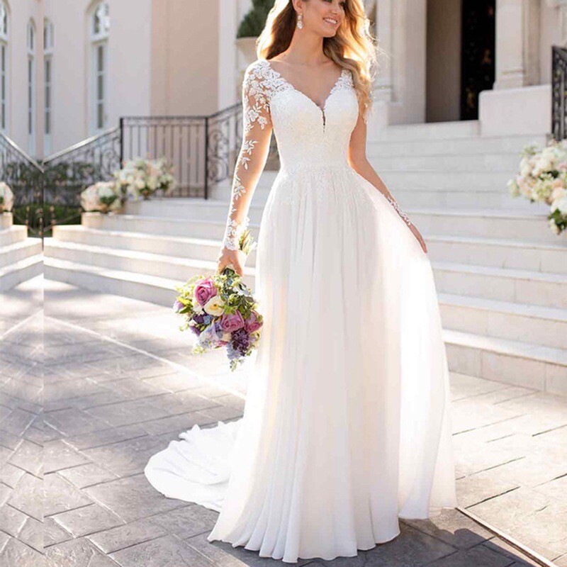 NEW Long Sleeve Chiffon Lace applique Backless Train Bridal Gown Wedding  Dress | eBay UK