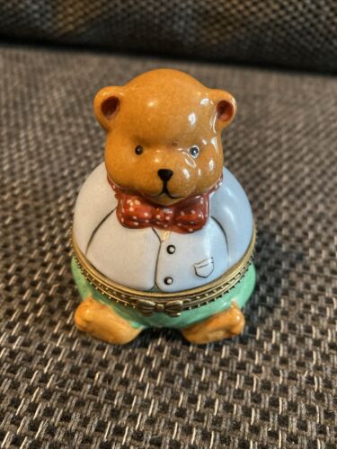 Trinket Box Teddy Bear Hinged Keepsake Ceramic - Picture 1 of 8