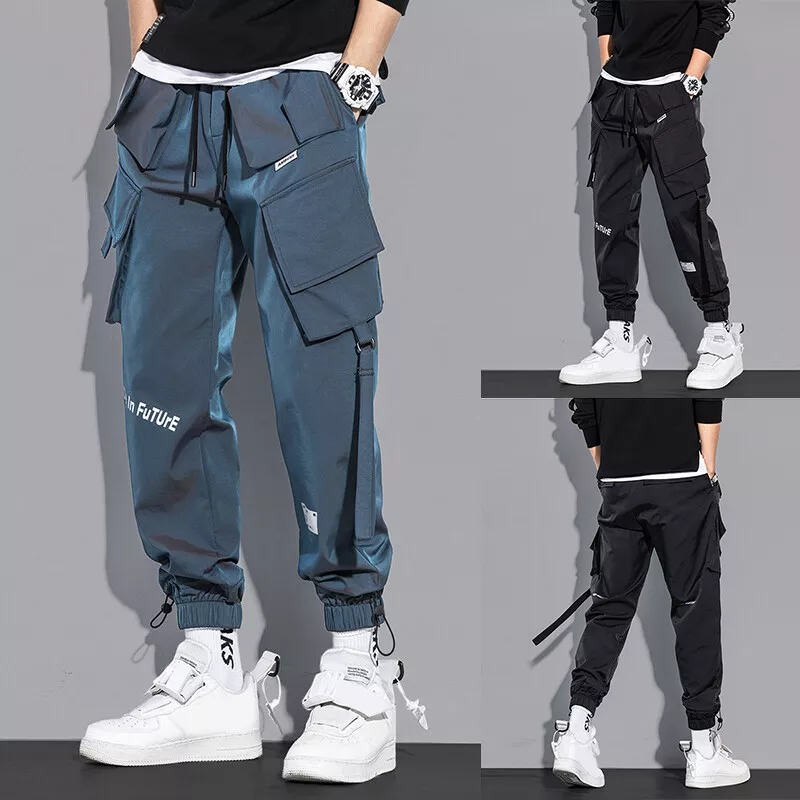 Men Cargo Pants Black Ribbons Block Multi-Pocket Harem Joggers Sweatpant  Hip Hop Casual Male Trousers 