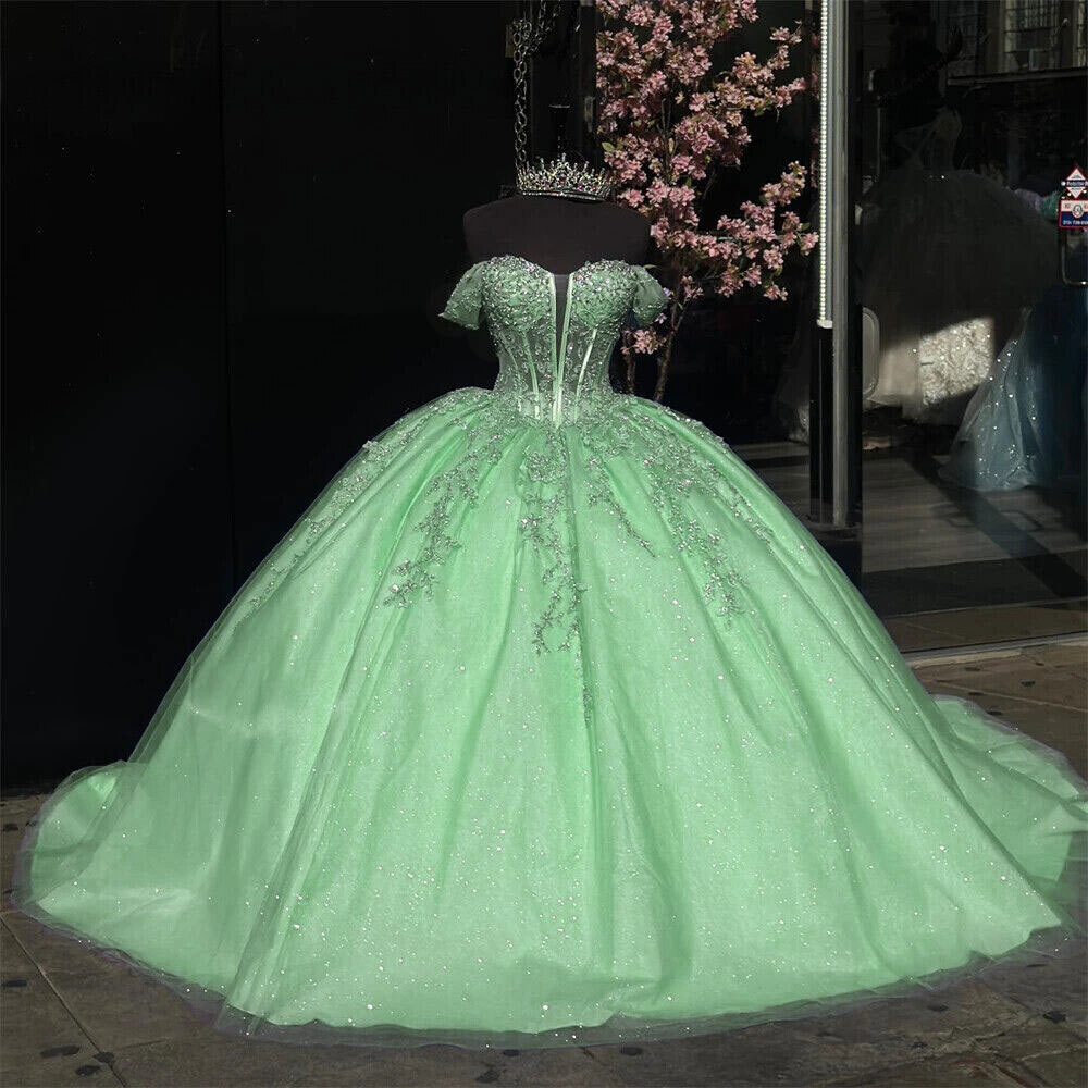 mint green sweet 16 dresses Off Shoulder Glitter Tulle Quinceanera Ball Gown Dress Viscose Dresses