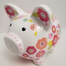 Piggy Bank Ceramic Pig 6x5 White w/ Polka Dots of Flowers Butterflies, Stopper