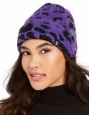 DKNY Women's Purple Fuzzy Animal Print Beanie, One size