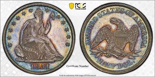 1851 P Seated Liberty Silver Half Dollar 50c PCGS AU55 CAC Undergraded TONED