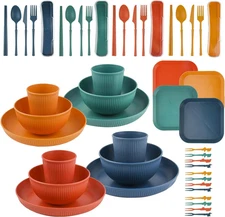 48Pcs Wheat Straw Dinnerware Sets, Unbreakable Plastic Plates and Bowls Sets, Di