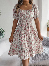 Women Square Neck Floral Puff Sleeve Fit  Flare Mini Dress