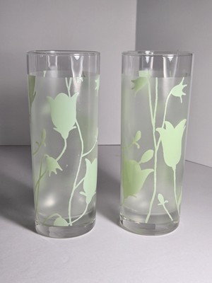 2 Luminarc Frosted Highball Tumblers Collins Glasses Climbing Green Flowers