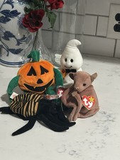 Ty Beanie Babies Halloween Lot Of 4 Ghostio Pumpkin  Batty the Bat and Spinner